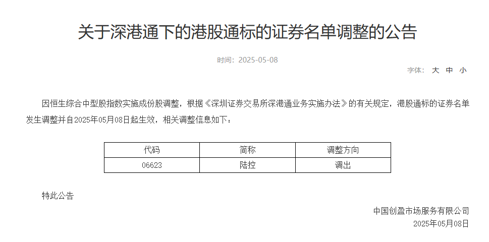 深交所：将陆控调出港股通标的证券名单