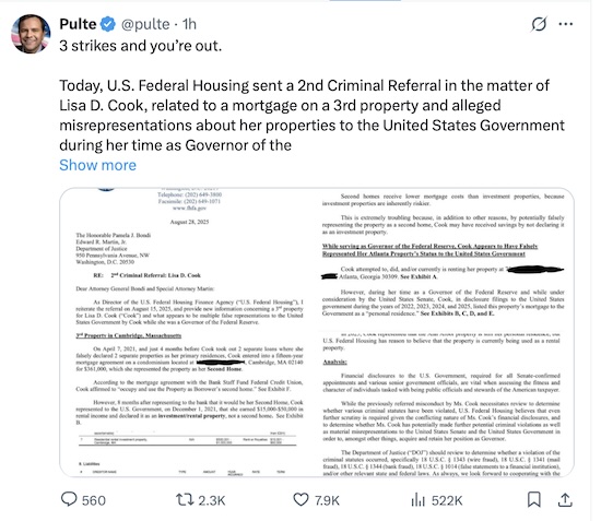 美联储理事库克涉第三处房产虚假申报？听证会在即，特朗普阵营加码指控