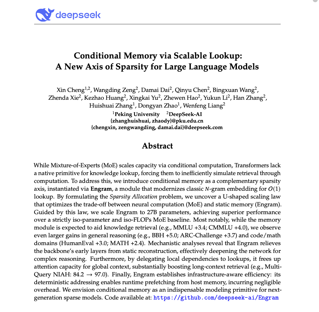 DeepSeek论文上新！下一代大模型实现“记忆分离”，V4不远了？