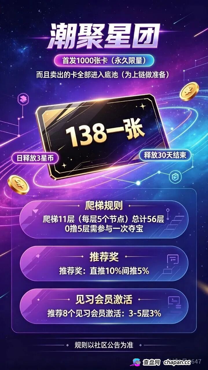 潮聚星团查无备案无牌照，138元买卡狂揽千万，56层传销架构涉嫌非法集资，停止充值。